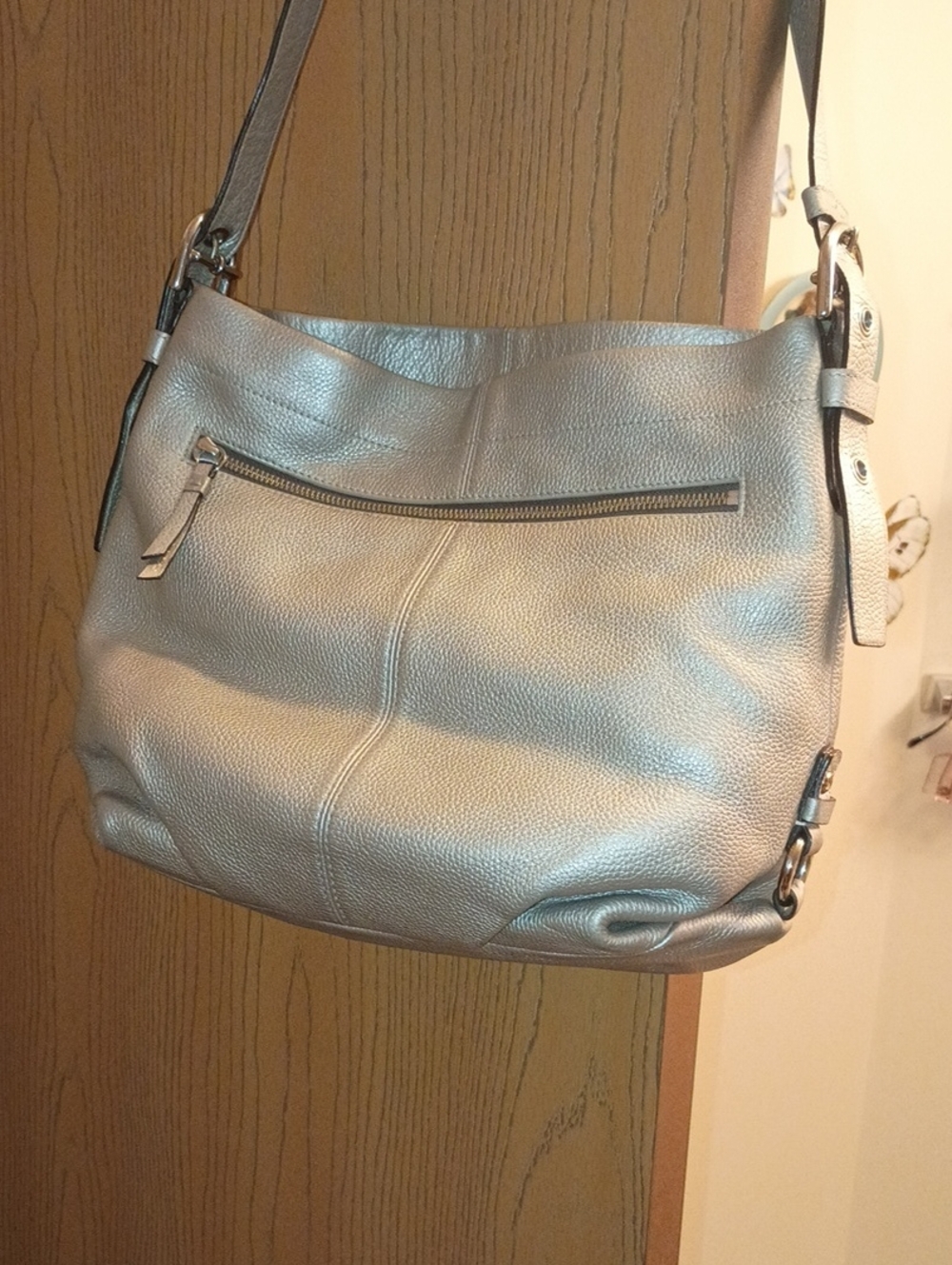 Silver Metallic Leather Shoulder Bag - Women